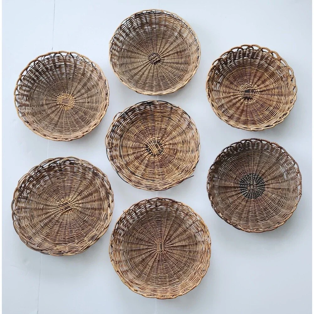 Vintage Wicker Rattan Wall Basket Decor Set of 7 Boho Woven Shallow 10